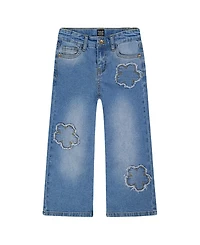Deux par Girls' Wide Leg Stretch Jeans with Flower Stitching