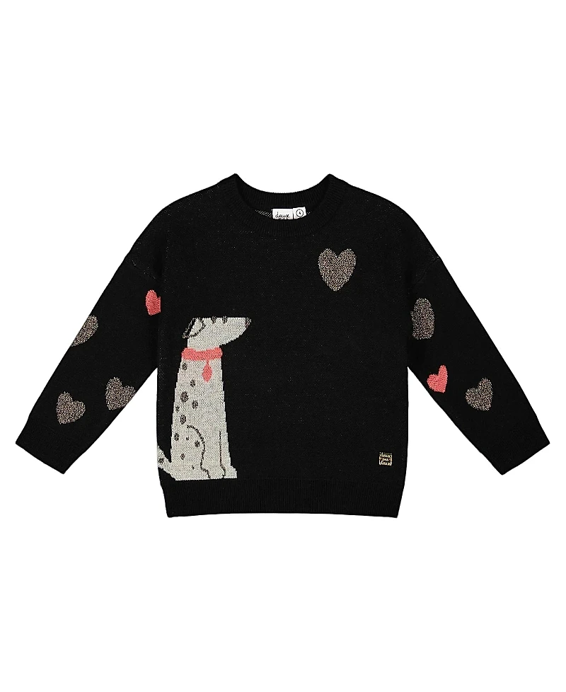 Deux par Girls' Knit Sweater with Dalmatian and Hearts