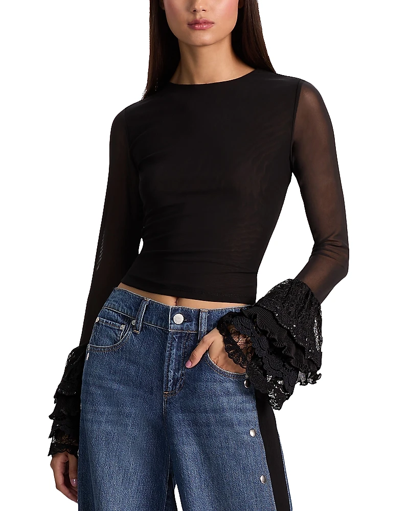 Alice and Olivia Delaina Sheer Sleeve Cropped Top