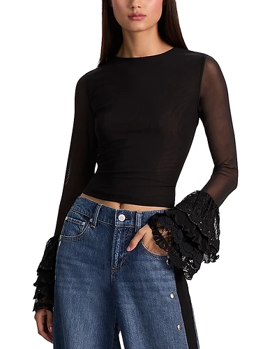 Alice and Olivia Delaina Sheer Sleeve Cropped Top
