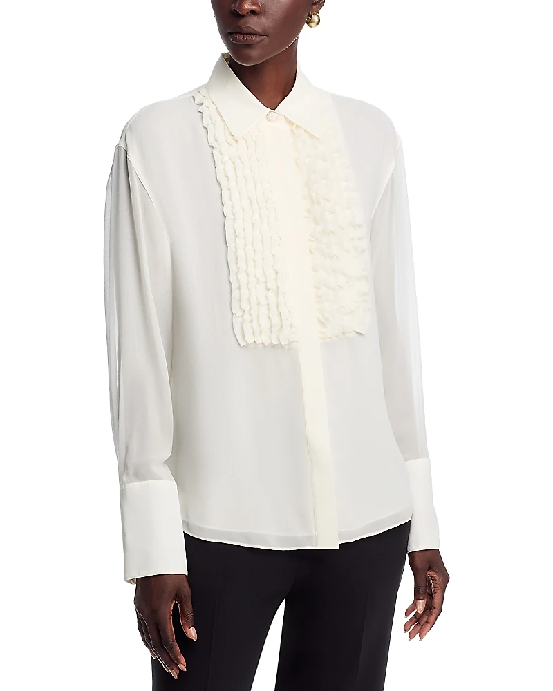 Lafayette 148 New York Silk Ruffle Tuxedo Blouse