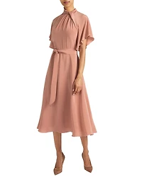 Santorelli Niki Silk Mock Neck Midi Dress with Short Cape Sleeves