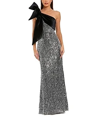One Shoulder Embellished Sequin Gown with Bow
