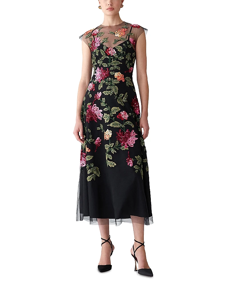 Carolina Herrera Embroidered Cap Sleeve Midi Dress