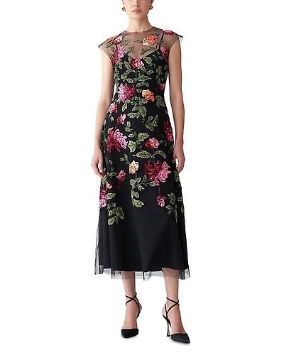 Carolina Herrera Embroidered Cap Sleeve Midi Dress