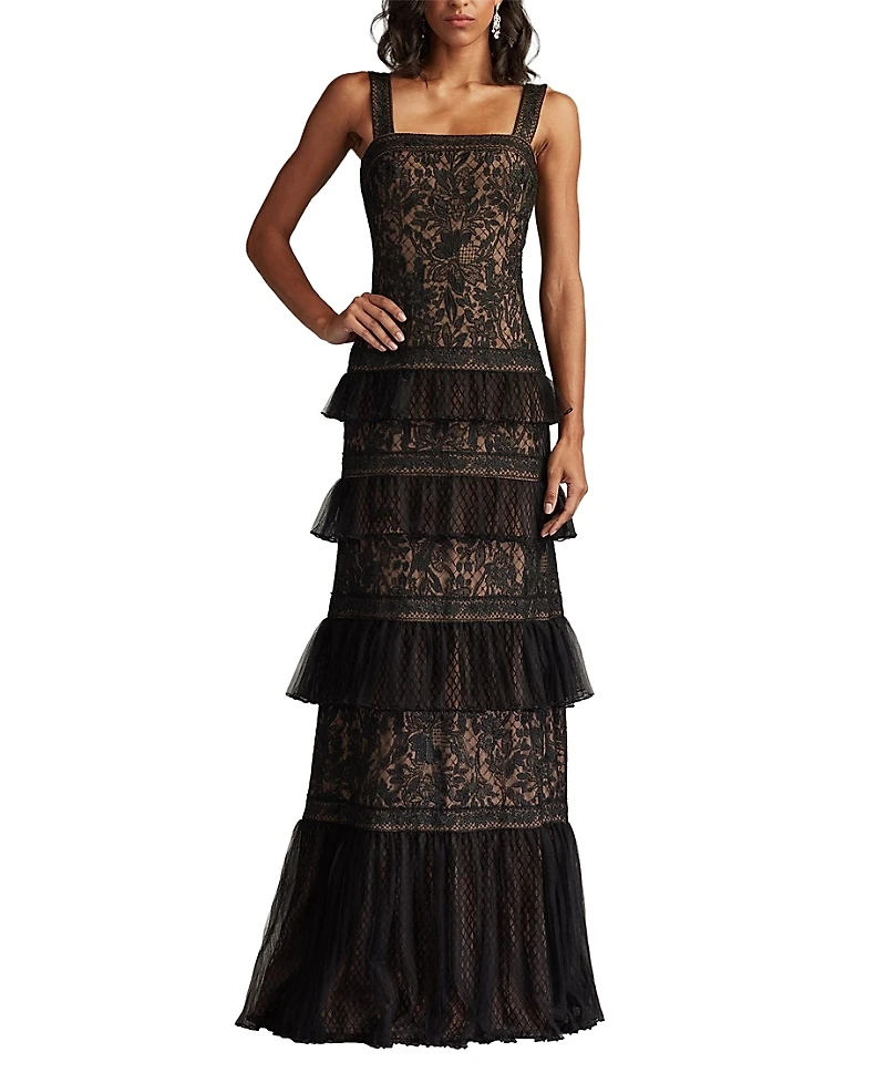Tadashi Shoji Ruva Tiered Ruffle Embroidered Gown