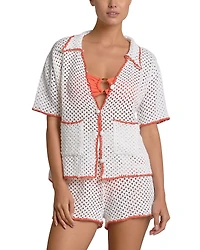 Elan Contrast Button Front Swim Cover Up Shirt
