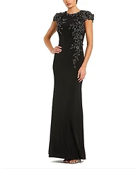 Mac Duggal Jersey Cap Sleeve Fitted Gown with Beaded Flowers