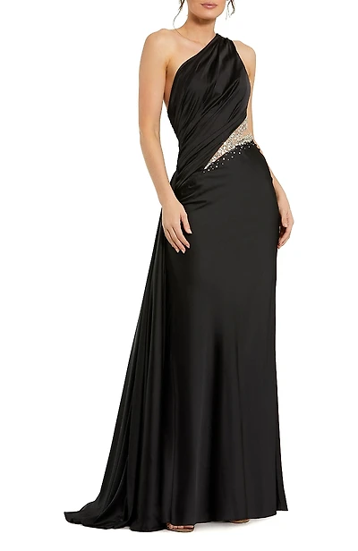 Mac Duggal One Shoulder Embellished Satin Gown