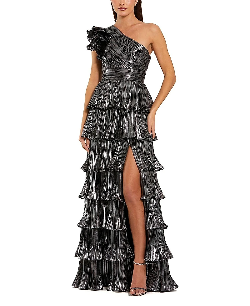 Mac Duggal Pleated Metallic Tiered Ruffle One Shoulder Gown