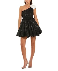 Mac Duggal One Shoulder Sequin Mini Dress with 3D Flower