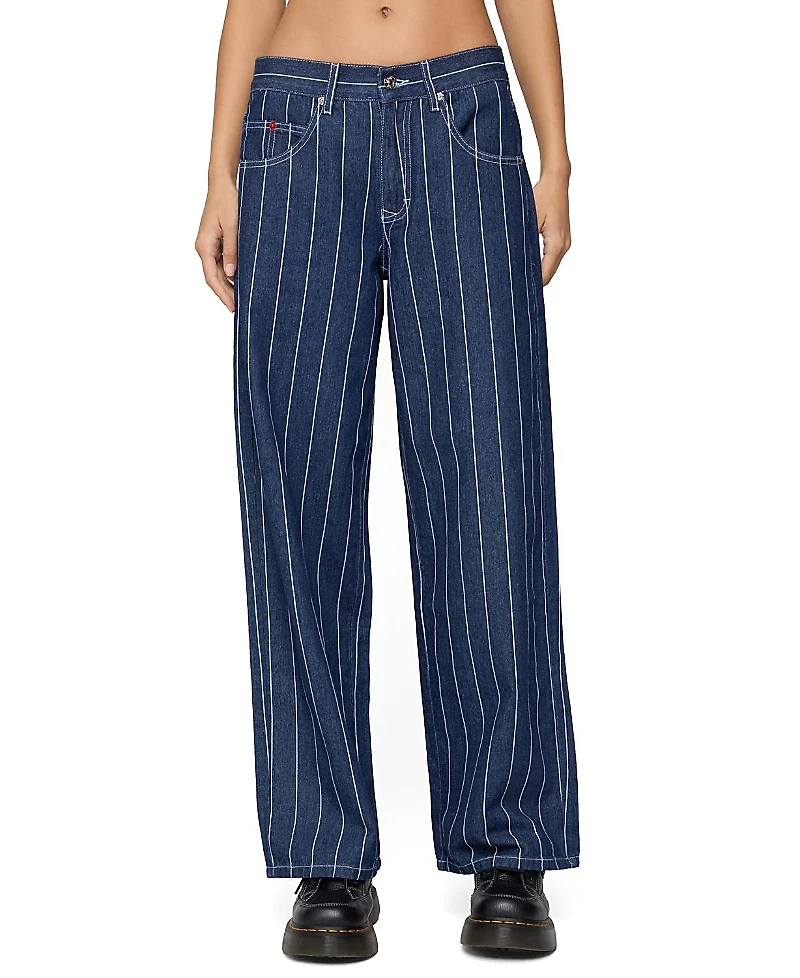 Edikted Kyler Pinstripe Low Rise Dark Rinse Wash Jeans