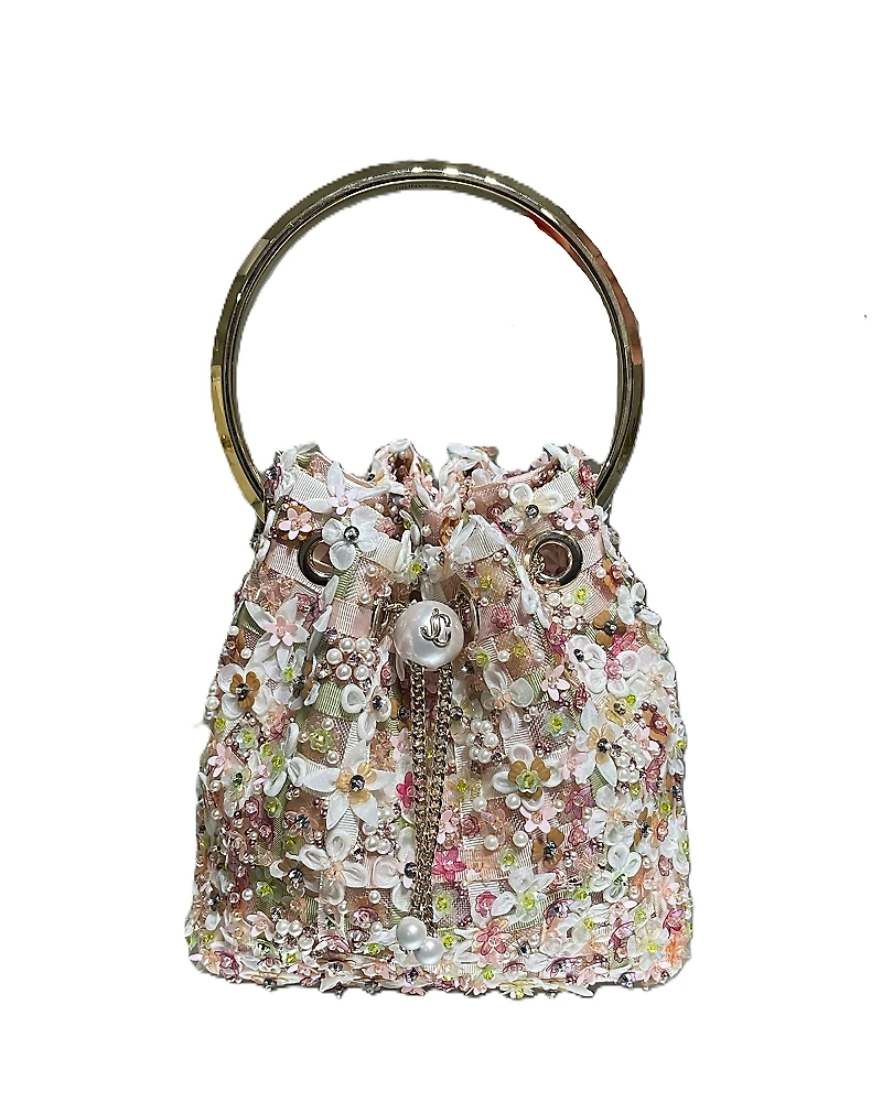 Jimmy Choo Bon Bon Floral Embroidered Mesh Top Handle Bucket Bag