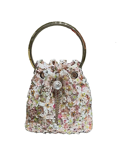 Jimmy Choo Bon Bon Floral Embroidered Mesh Top Handle Bucket Bag