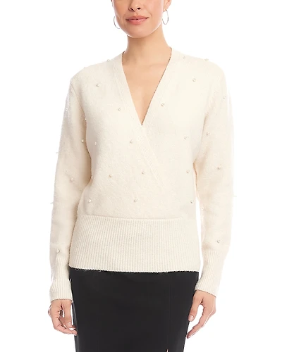 Karen Kane Embellished Faux Wrap V Neck Sweater