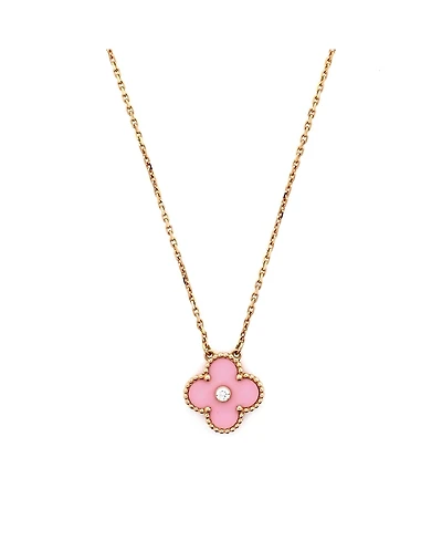 Pre-Owned Van Cleef & Arpels Vintage Alhambra Pendant Necklace 18K Rose Gold and Pink Sevres Porcelain with Diamond