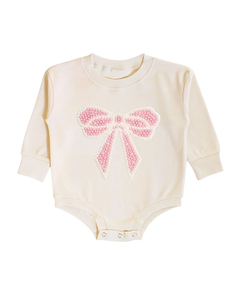 Sweet Wink Girls' Pearl Bow Patch Long Sleeve Romper - Baby
