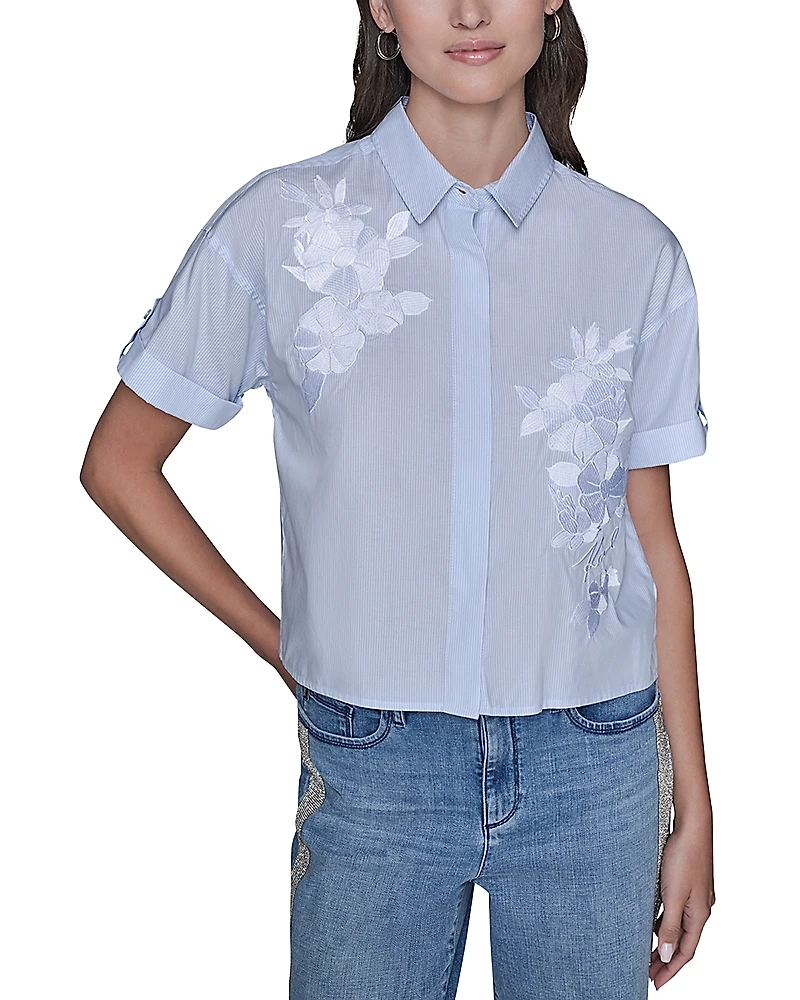 Karl Lagerfeld Paris Stripe Floral Poplin Top