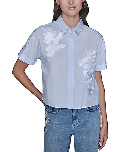 Karl Lagerfeld Paris Stripe Floral Poplin Top