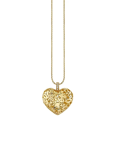 Sydney Evan 14K Yellow Gold Diamond Puffy Icon Wallpaper Heart Charm Necklace, 16