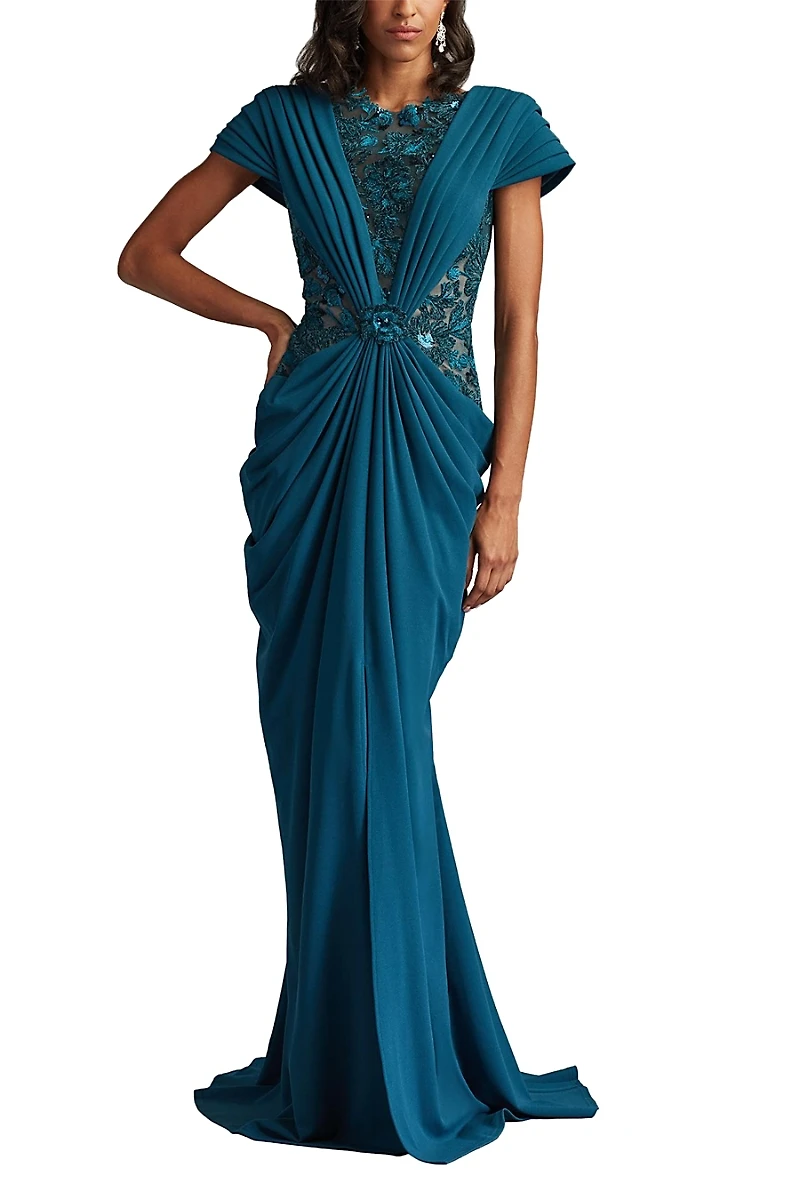 Tadashi Shoji Julina Draped Overlay Embroidered Gown