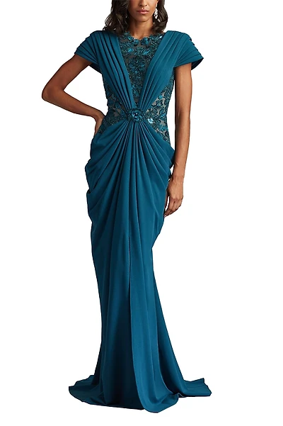 Tadashi Shoji Julina Draped Overlay Embroidered Gown