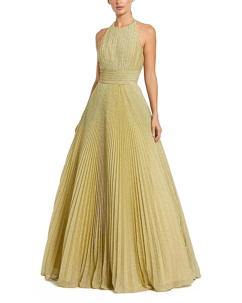 Mac Duggal Shimmering Pleated Georgette High Neck Gown