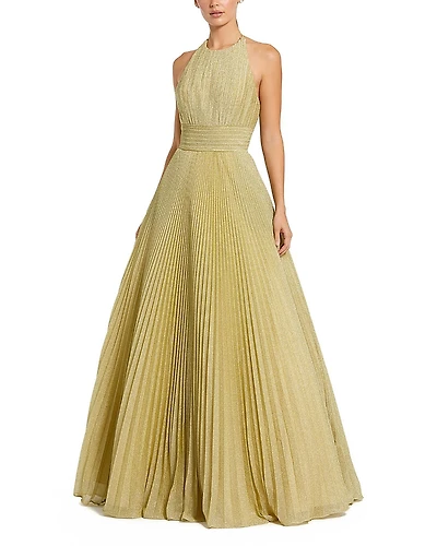 Mac Duggal Shimmering Pleated Georgette High Neck Gown