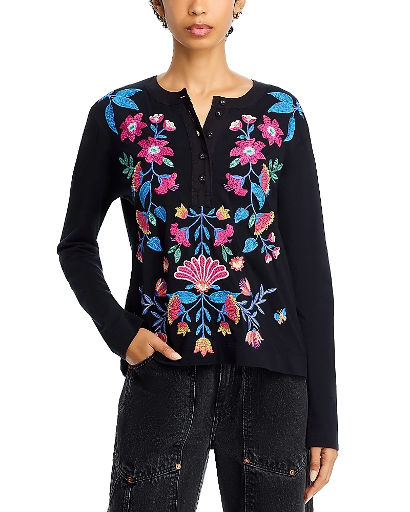 Johnny Was Embroidered Henley Top