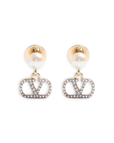 Valentino Imitation Pearl & Pave VLogo Signature Drop Earrings
