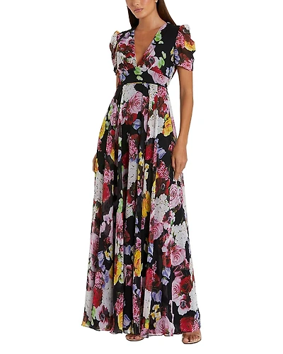 Mac Duggal Floral Print Mesh Cap Sleeve Gown