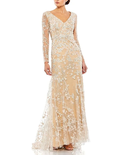 Mac Duggal Embroidered V Neck Long Sleeve Trumpet Gown