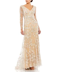 Mac Duggal Embroidered V Neck Long Sleeve Trumpet Gown