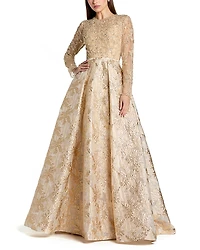 Mac Duggal Long Sleeve Beaded Mesh Brocade Skirt Ballgown