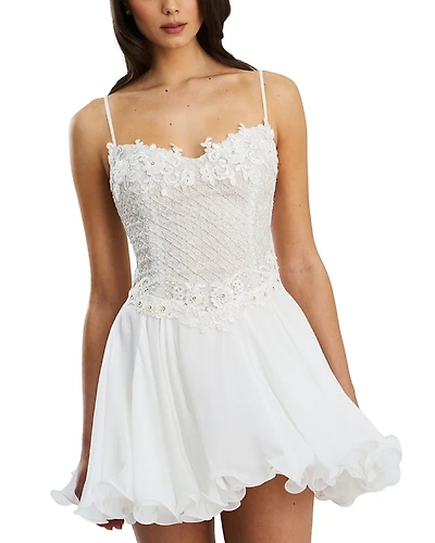 Miss Circle Fabiola Lace Trim Net Top Mini Flare Chiffon Dress
