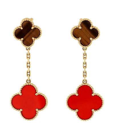 Pre-Owned Van Cleef & Arpels Magic Alhambra 2 Motifs Drop Earrings 18K Gold with Tiger's Eye and Carnelian