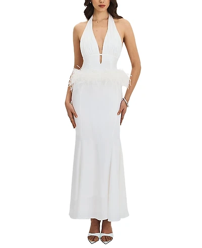 Miss Circle Solene Pleated Halter Backless Feather-Trim Maxi Dress