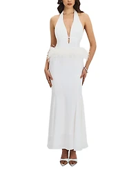 Miss Circle Solene Pleated Halter Backless Feather-Trim Maxi Dress