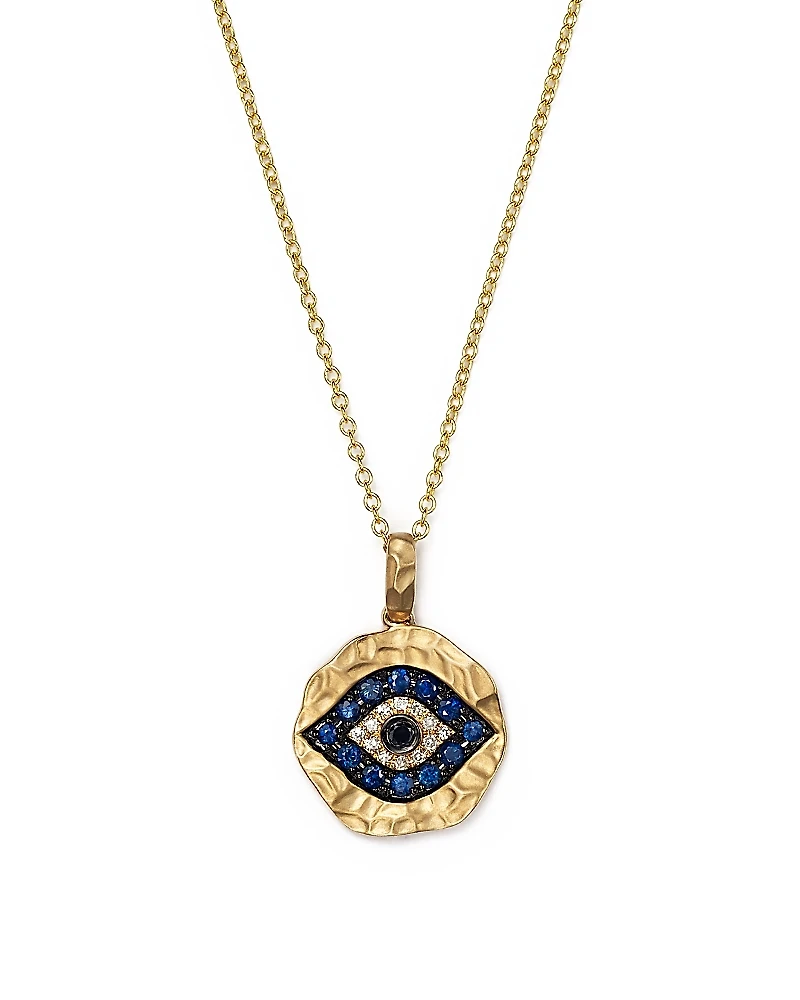 White Diamond, Black Diamond and Blue Sapphire Evil Eye Pendant Necklace