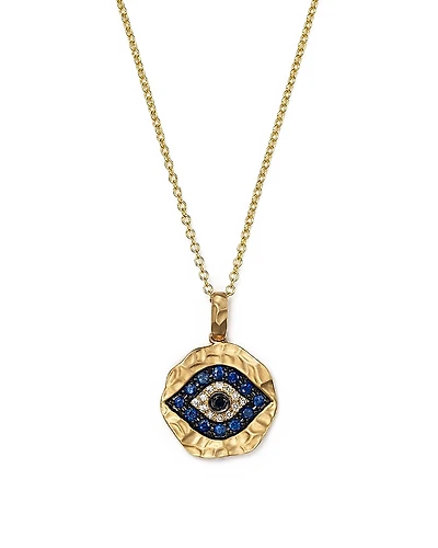 White Diamond, Black Diamond and Blue Sapphire Evil Eye Pendant Necklace