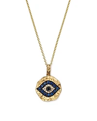 White Diamond, Black Diamond and Blue Sapphire Evil Eye Pendant Necklace