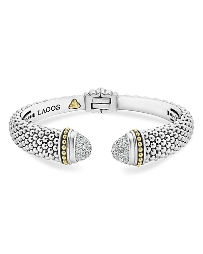 Lagos 18K Gold & Sterling Silver Caviar Diamond Cuff Bracelet, 12 mm, Large