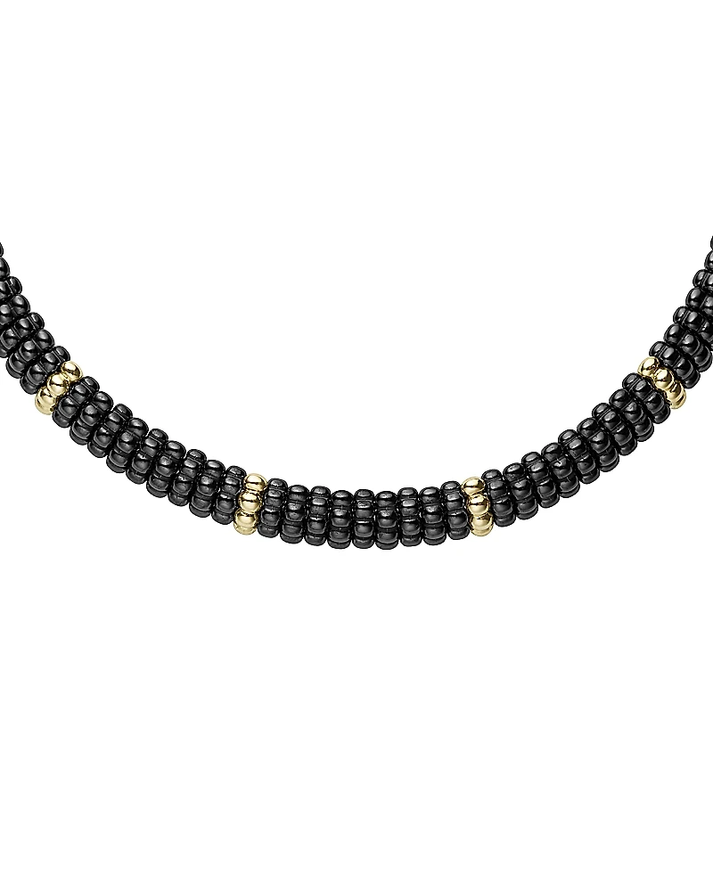 Lagos Gold & Black Caviar Collection 18K Gold & Ceramic Twelve Station Collar Necklace, 16