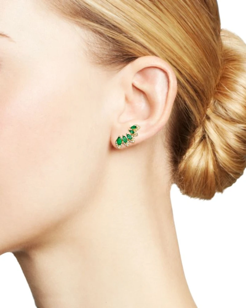 Emerald & Diamond Climber Earrings in 14K Yellow Gold