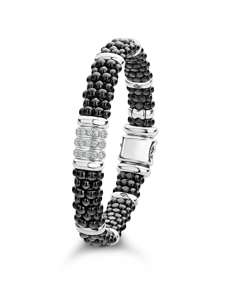Sterling Silver Black Caviar Collection Pavé Diamond & Ceramic Station Bracelet