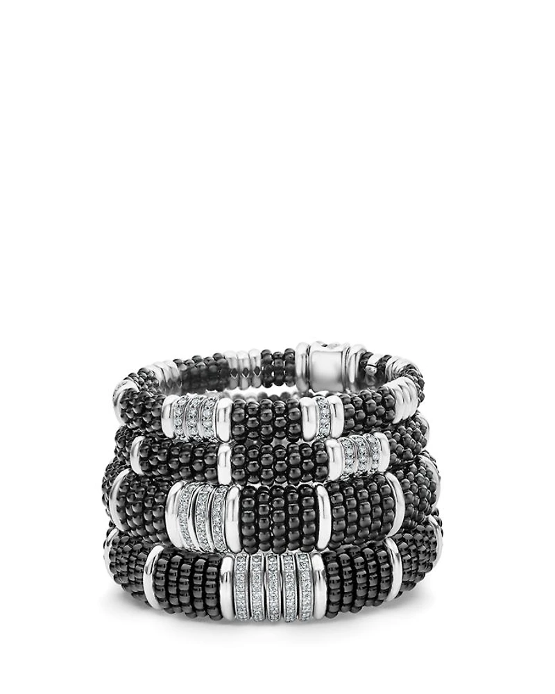 Sterling Silver Black Caviar Collection Pavé Diamond & Ceramic Station Bracelet