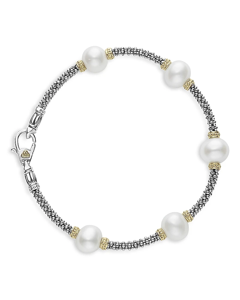 Lagos Sterling Silver & 18K Yellow Gold Luna Cultured Freshwater Pearl Station Bracelet