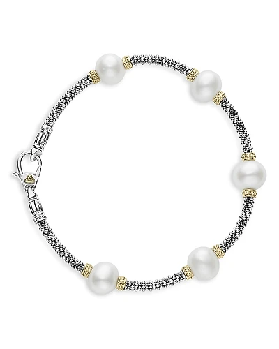 Lagos Sterling Silver & 18K Yellow Gold Luna Cultured Freshwater Pearl Station Bracelet