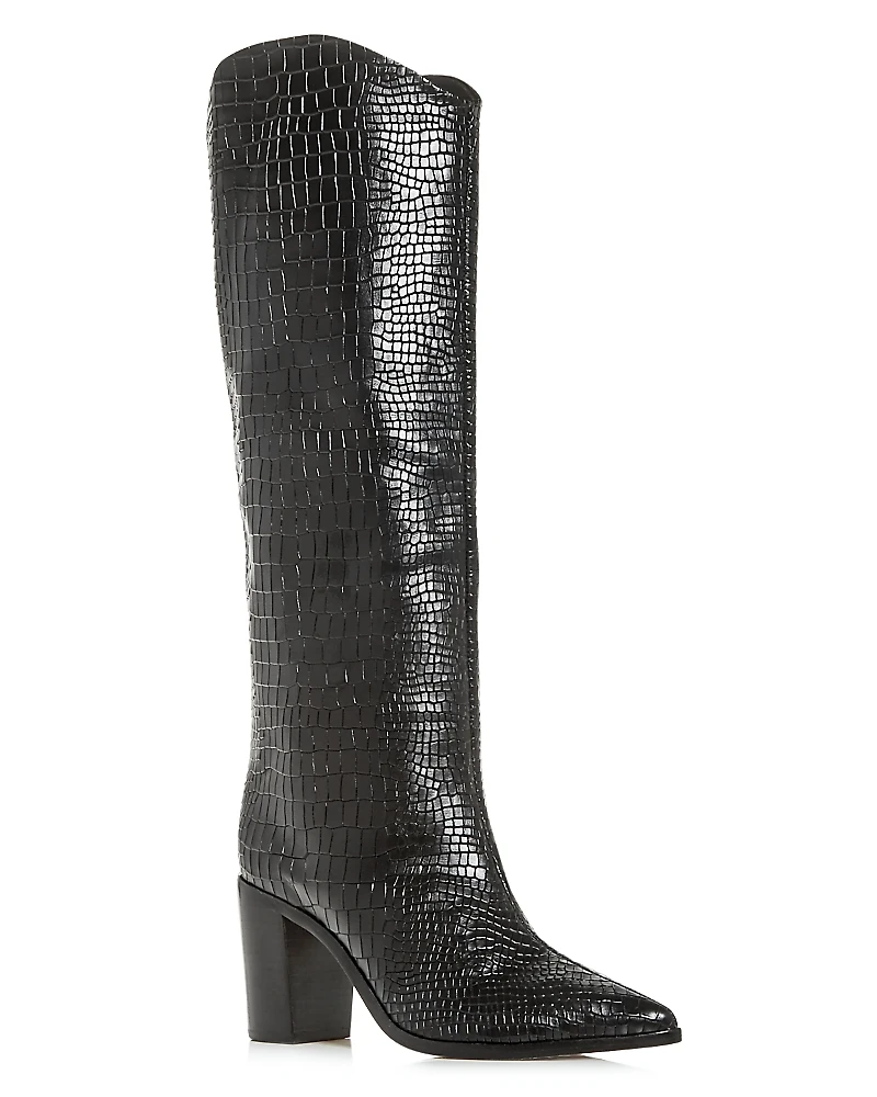 Schutz Women's Maryana Croc-Embossed Block Heel Pointed-Toe Tall Boots