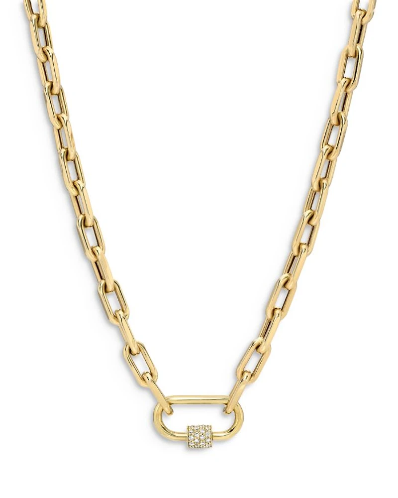14K Yellow Gold Large Open Link Chain with Diamond Carabiner Necklace, 16"